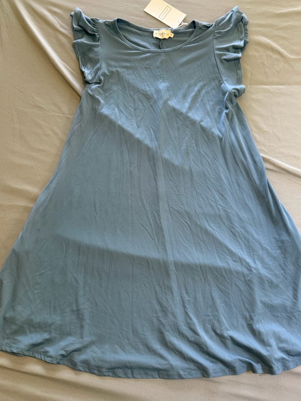 Ninexis Women's A-line Tee Shirt Dress W/Pockets Ruffle Sleeves Blue Medium New